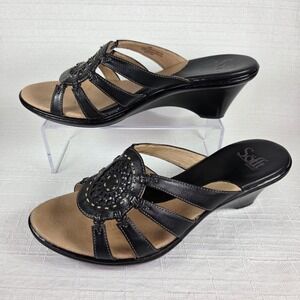 Sofft Black Wedge Heel Sandals Women's 10 Comfort Boho Slides Slip On Cutout